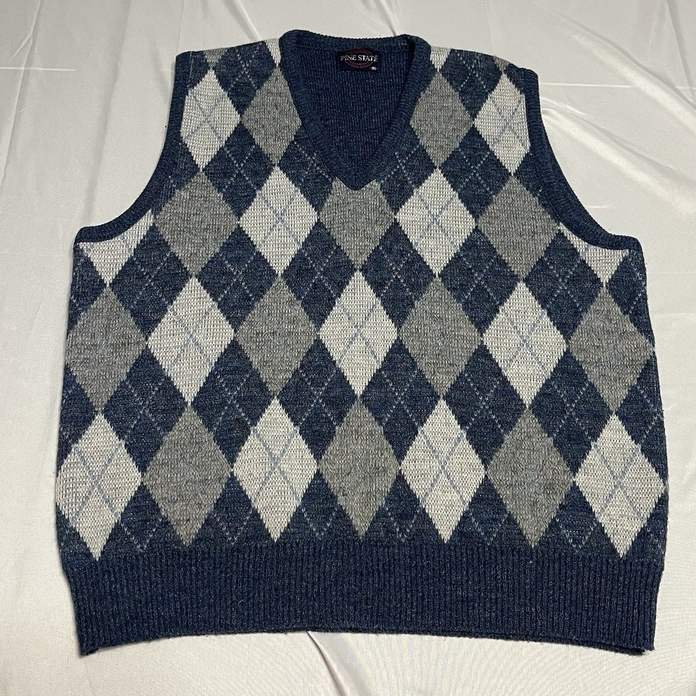 Vintage Pine State Sweater Vest Men's XL Blue Argyle V-neck Wool Made In USA